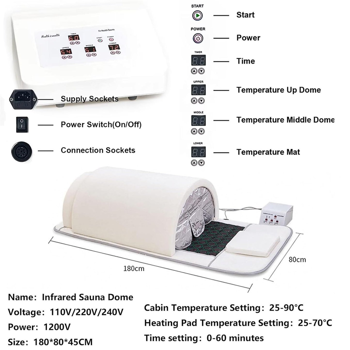 piudoiliy Infrared Sauna Dome, Near Zero EMF Function, 1200W, Portable Home Sauna with Therapeutic Jade Stones, Infrared Photon Light, Steam Tent (White)