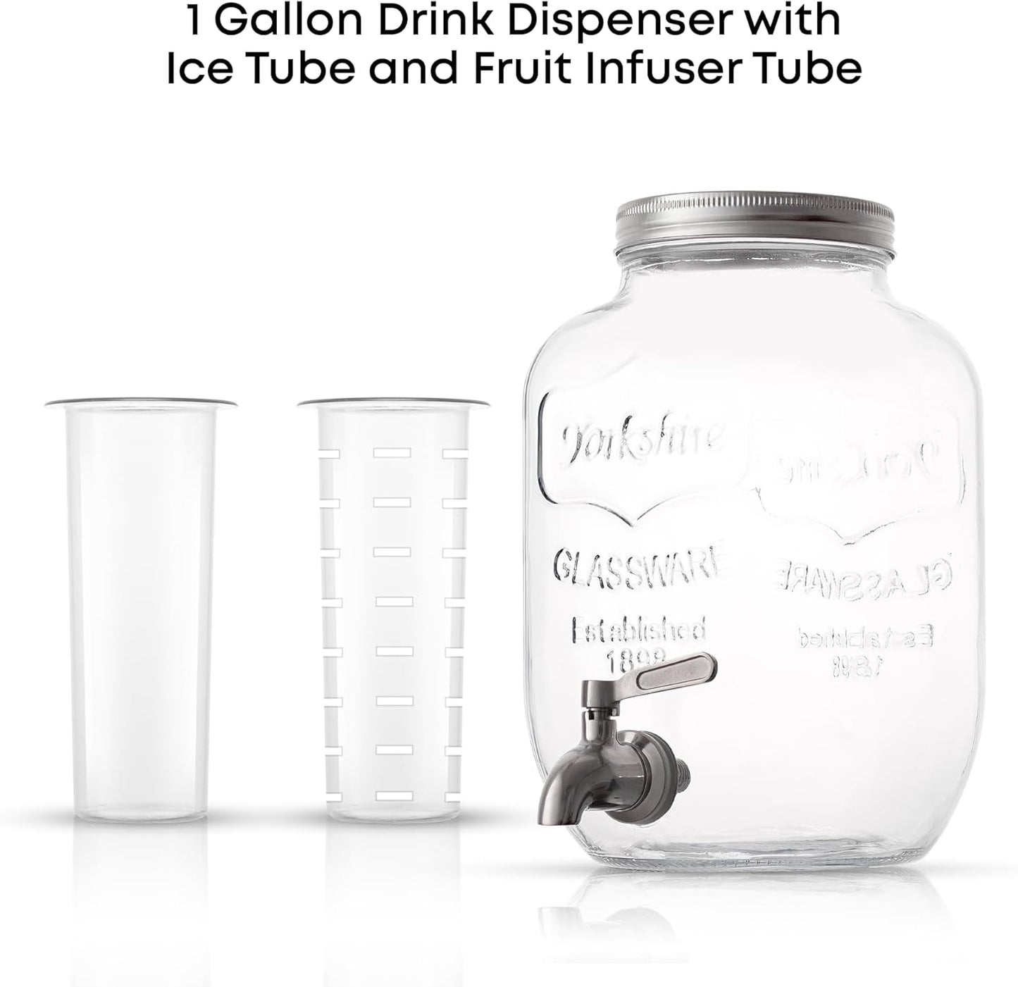 1-Gallon Drink Dispenser. Glass Beverage Dispenser with Stainless steel Spigot plus Ice Cylinder and Fruit Infuser!