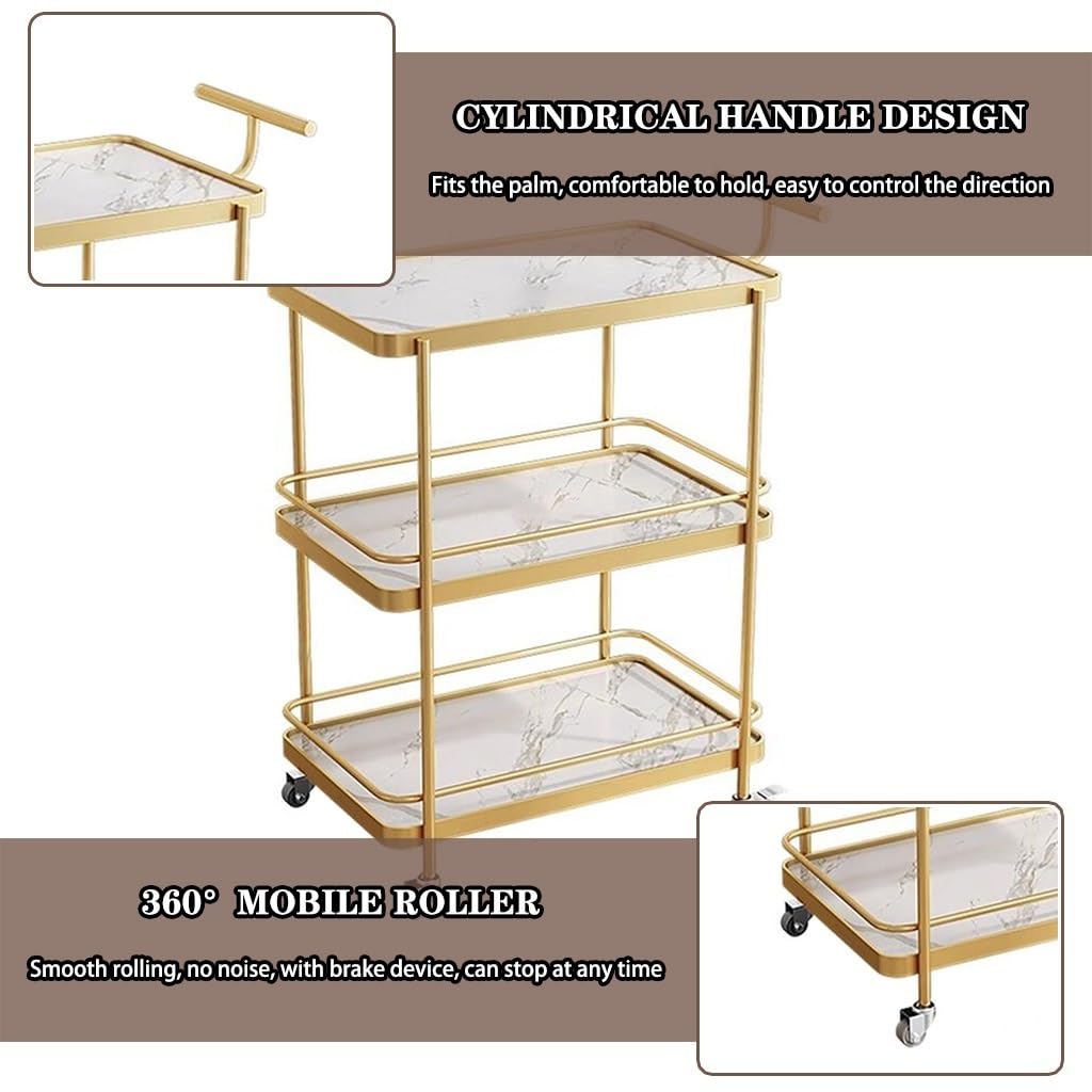 FGQuelleBM 3-Tier Serving Cart with 2 Style Options (Wood & Marble Finish), Features Thoughtful Handles & Brake Wheels for Home & Office(White Gold)