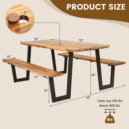 HOMGX Picnic Table, 6 Ft Dining Table with 2 Umbrella Hole, Table Bench Set with Heavy-Duty Metal Frame, Acacia Wood Picnic Table for Outdoor, 6-8 Person, Patio, Lawn, Party, Garden, Natural & Black