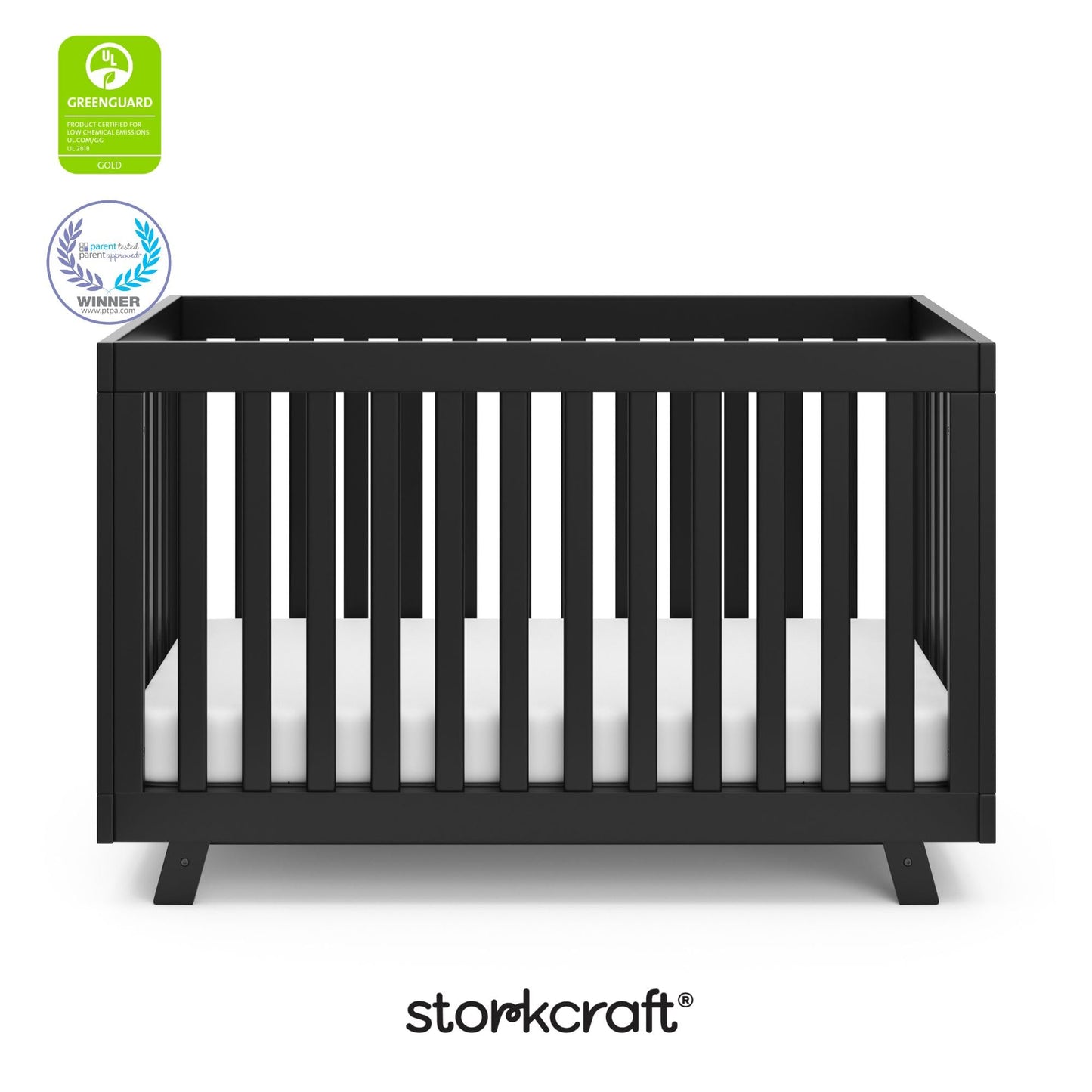 Storkcraft Beckett 3-in-1 Convertible Crib – GREENGUARD Gold Certified, Fits Standard Crib Mattress, Converts to Toddler Bed and Daybed, 4 Mattress Heights, Grow-with-Me Design (Black)