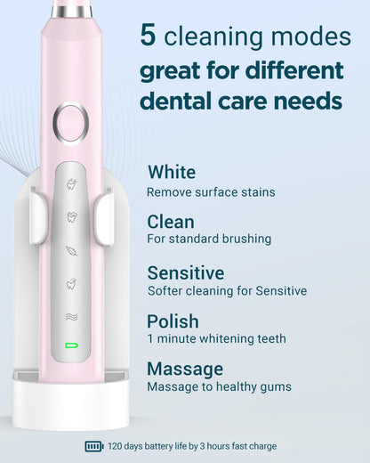 Rtauys M5 Sonic Electric Toothbrush for Adults and Kids - Rechargeable Electric Toothbrush Kids Ages 12+ and Adults with 8 Brush Heads & Travel Case, 120 Days Battery Life - Pink