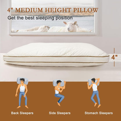 YOUR MOON Soft Natural Wool Pillow Queen, Flat & Thin Wool Pillow for Sleeping, Low-Loft Bed Pillows for Back and Stomach Sleepers, Breathable Soft Cotton Cover(Off White)