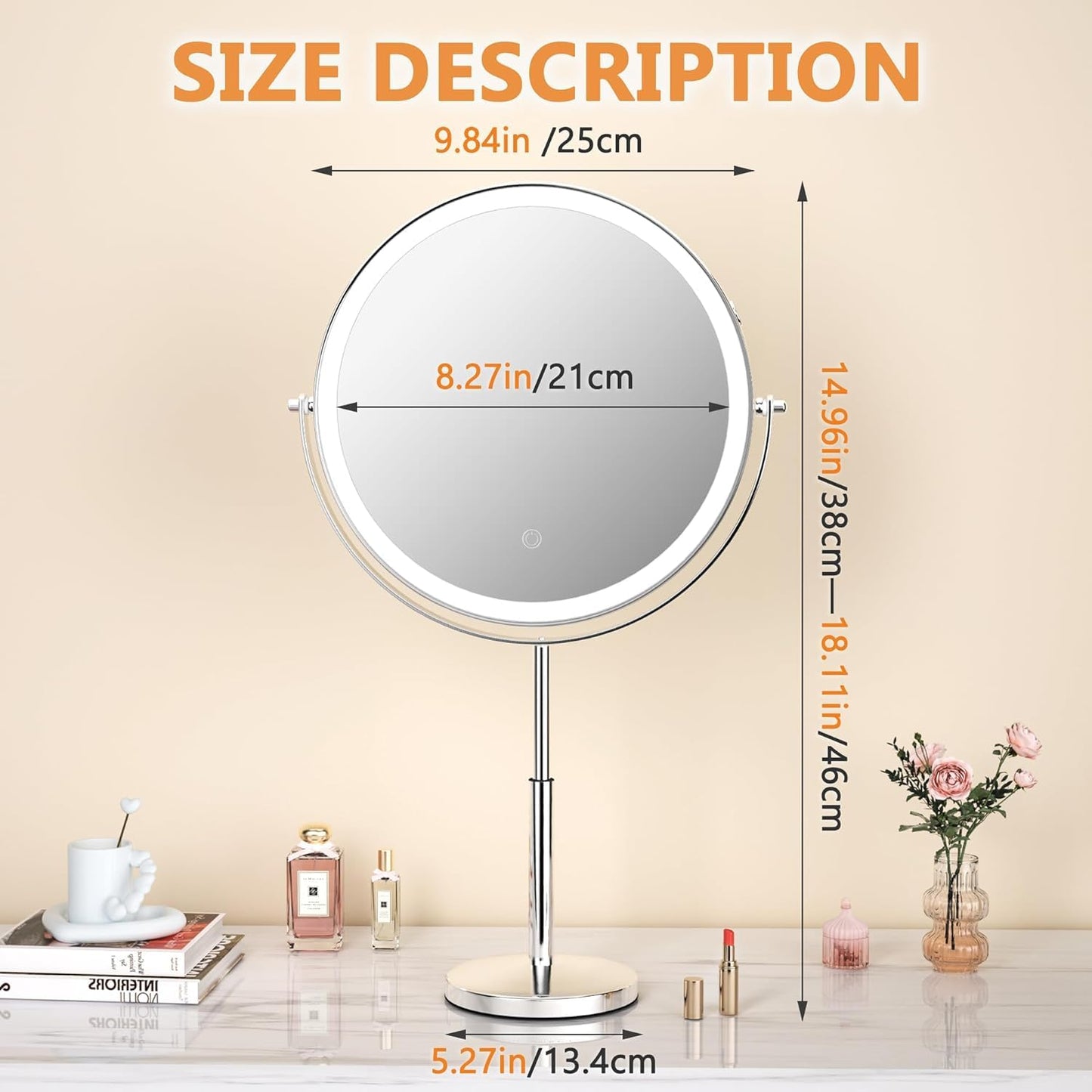 Hasipu 10” LED Makeup Mirror with 7X Magnification - Rechargeable Vanity Mirror, 3 Color Modes, Touch Control, 360° Rotation & Adjustable Height