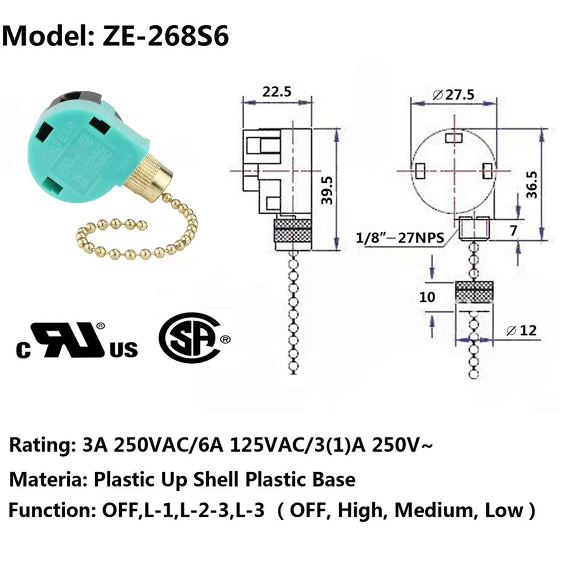 Ceiling Fan Switch 3 Speed 4 Wire Zing Ear ZE-268S6 Pull Chain Switch Control Replacement 3 Speed Control Switch Ceiling Fans, Wall Lamps, Cabinet Light, Brass 3PCS