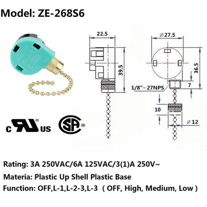 Ceiling Fan Switch 3 Speed 4 Wire Zing Ear ZE-268S6 Pull Chain Switch Control Replacement 3 Speed Control Switch Ceiling Fans, Wall Lamps, Cabinet Light, Brass 3PCS