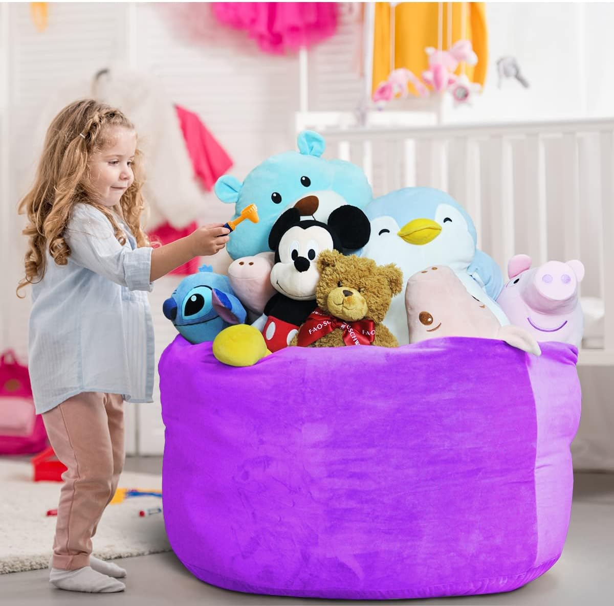Bean Bag Chair Cover - Stuffed Animal Storage, Plush Toys Organizer, X-Large Round Purple with Handle and Zipper