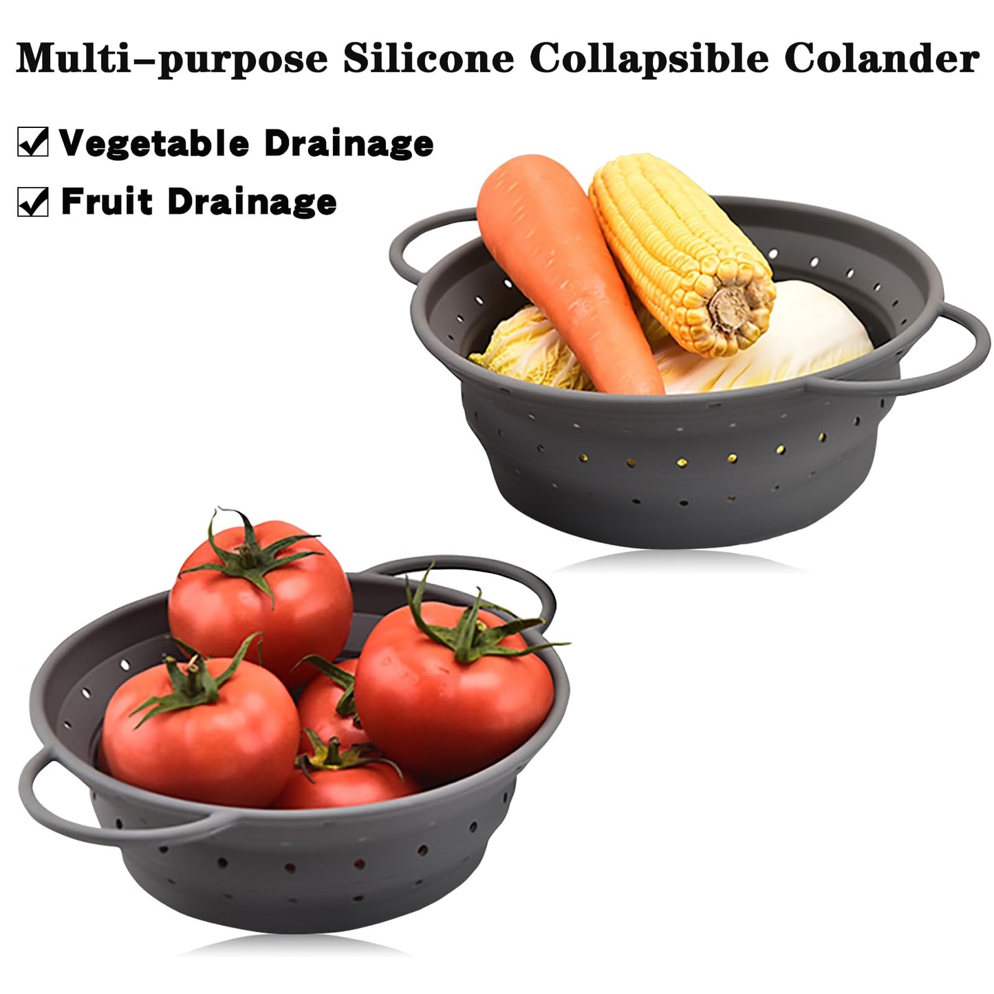 Collapsible Colander with Handle, Silicone Kitchen Colander for Easy Storage,Four-side Fast Draining Silicone Draining Basket, Perfect for Fruits Vegetables (Gray L)