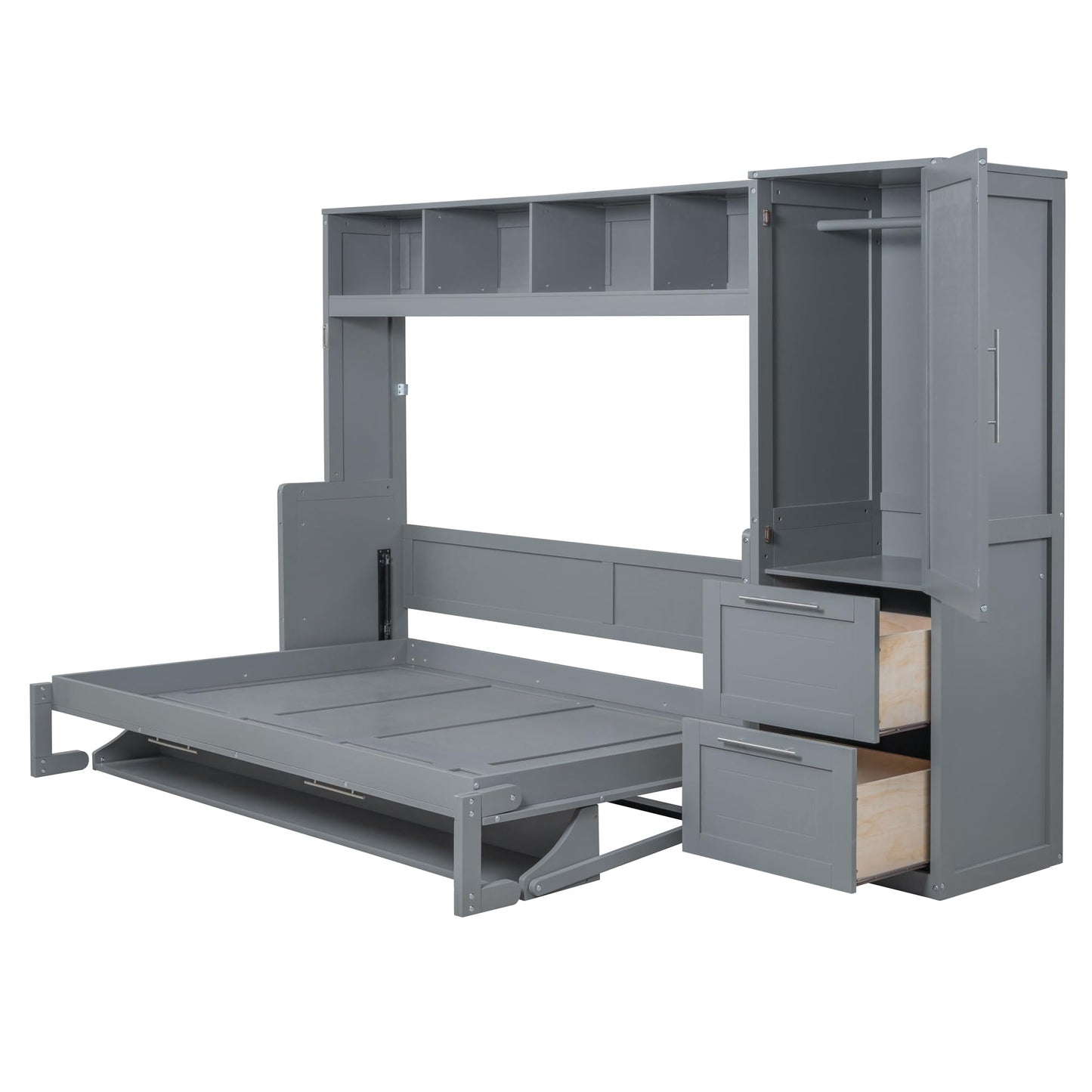 Ball & Cast Full Size Murphy Bed with Closet and 2 Drawers,Hidden Wall Bed with Storage Shelves,Multifunctional Foldable Platform Bed Frame for Samll Space,Bedroom,Guest Room,Easy Assembly,Gray