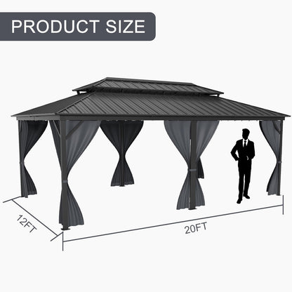 12x20 ft Hardtop Gazebo with Extra Overhang Design, Permanent Aluminum Gazebo with Double Galvanized Steel Roof, Outdoor Pavilion with Mosquito Netting and Privacy Curtains for Patio Backyard Garden