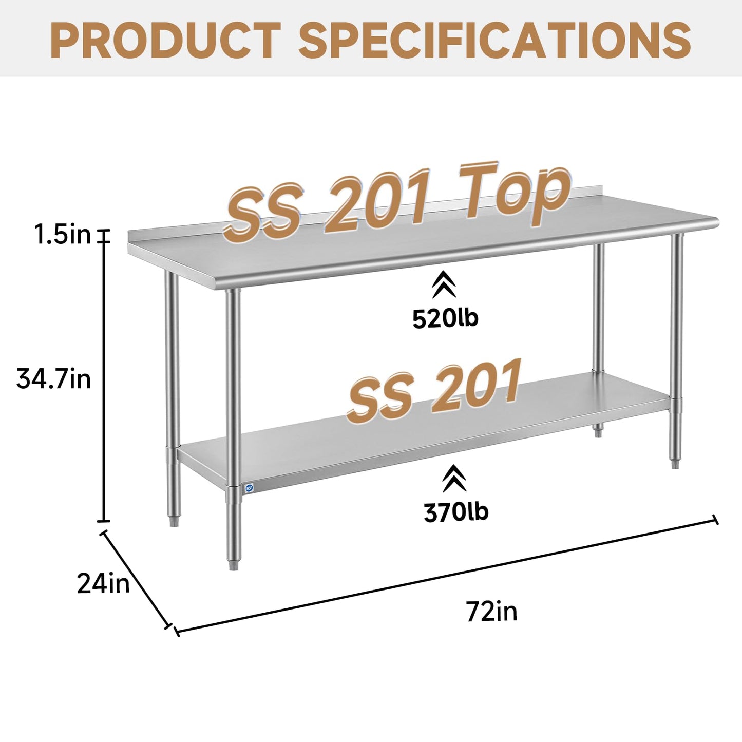 ROCKPOINT All Stainless Steel Perp Table with Backsplash 24x72 Inch, Commercial Heavy Duty Table with Stainless Legs & Adjustable Undershelf, 890 lb Capacity for Restaurant,Home and Outdoor Kitchens