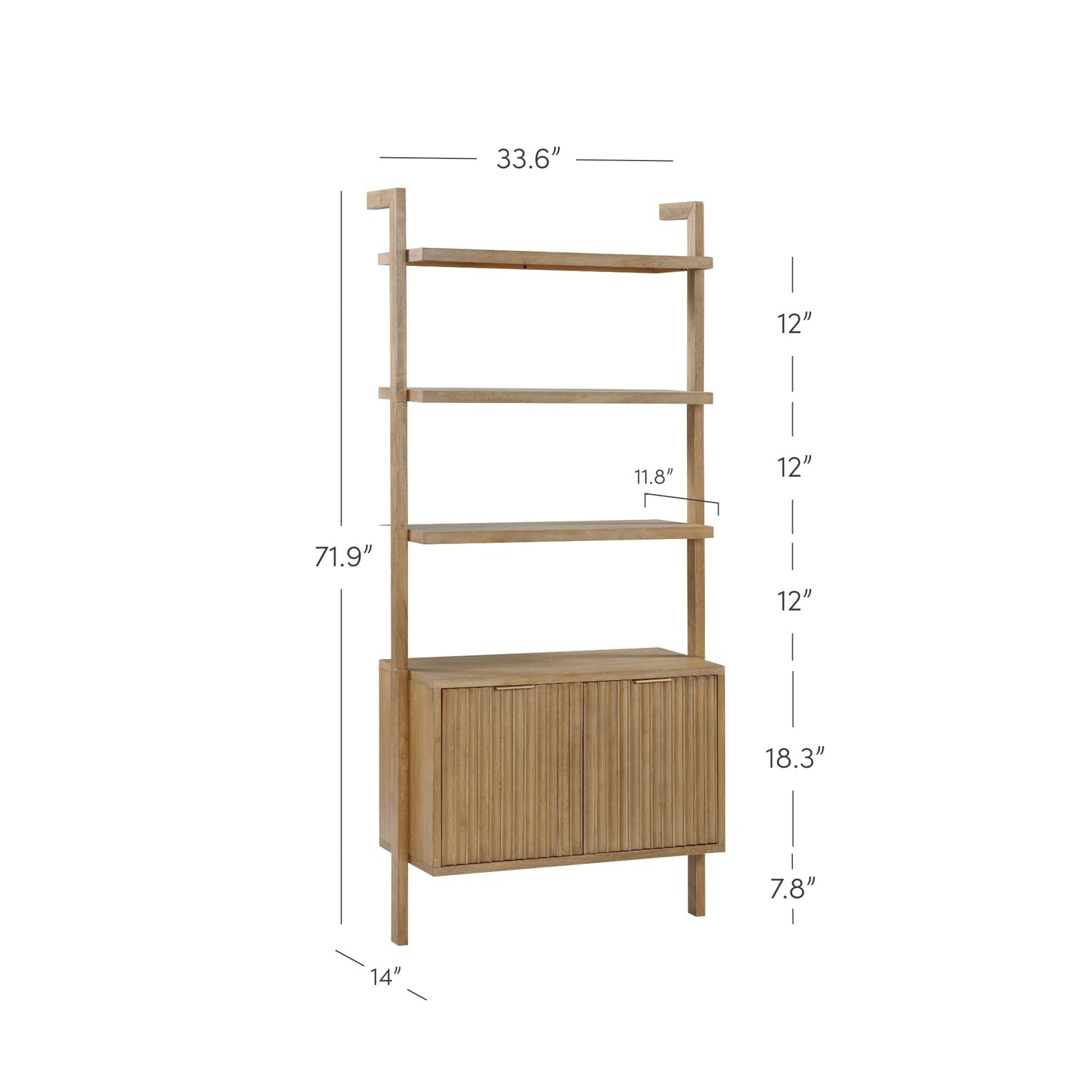 Nathan James Jasper 3-Shelf Solid Wood Boho Bookshelf, Wall Mounted Bookshelf with Cabinet with Fluted Doors, Light Brown, Set of 2