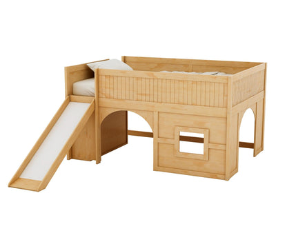 Merax Full Size Loft Bed with Slide & Stairs, Low Loft Bed for Kids, Solid Wood Bed Frame with Storage Shelve, Guard Rails, Slat Support & Under-Bed Play Space, No Box Spring Needed, Natural