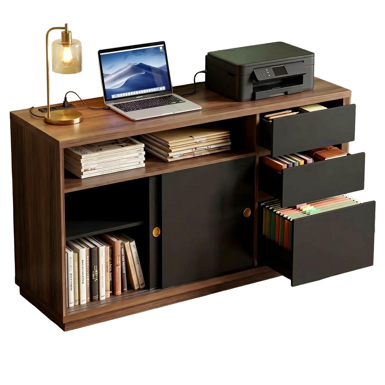ModernMate 60" File Cabinet with 3 Drawer, Large Storage Sideboard, Filing Cabinet with Built-in Outlet and Adjustable Shelf for Living Room Study Home Office, 15.4" D x 60.2" W x 31.5" H