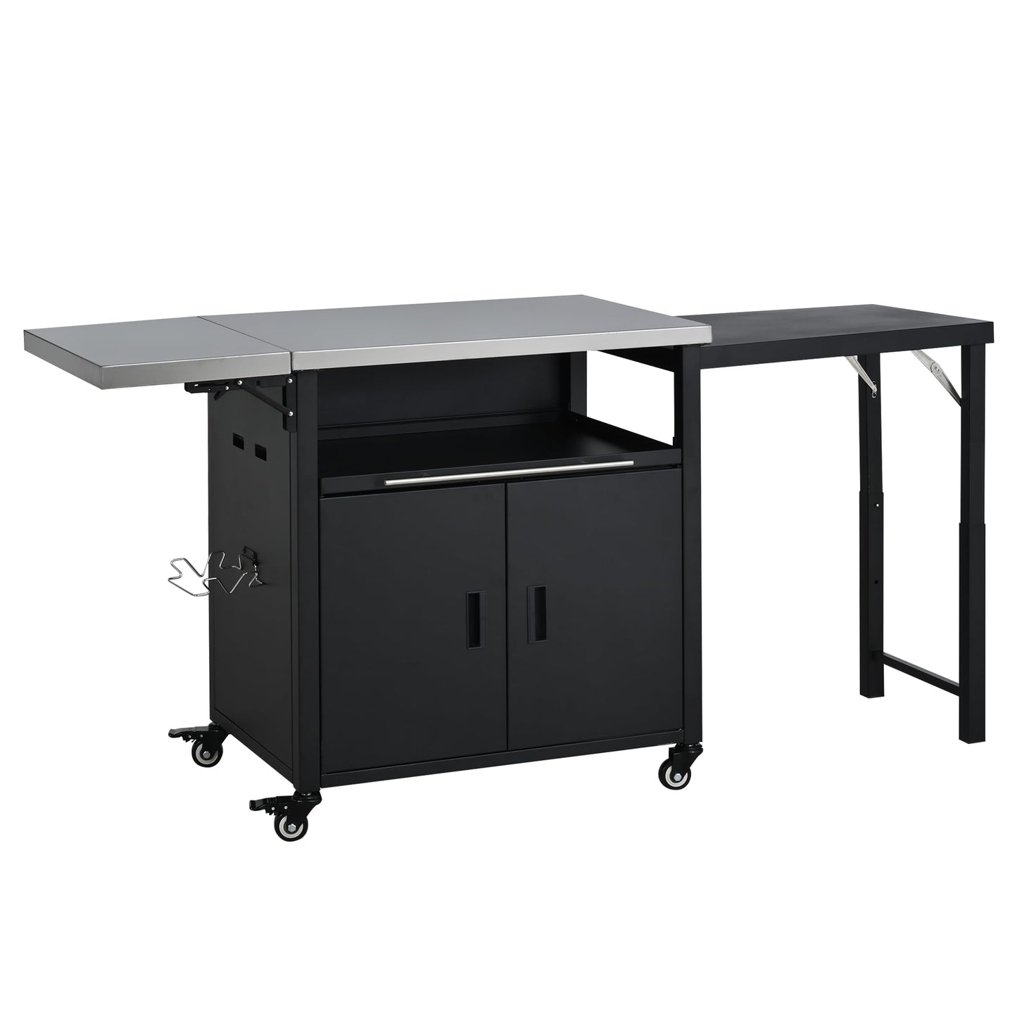 Outdoor Folding Kitchen Cart with Dual Stainless Steel Tops, Rolling Grill Prep Table with Cabinet Drawer and Trash Rack, Portable BBQ Serving Cart with Lockable Wheels for Patio Backyard, Black