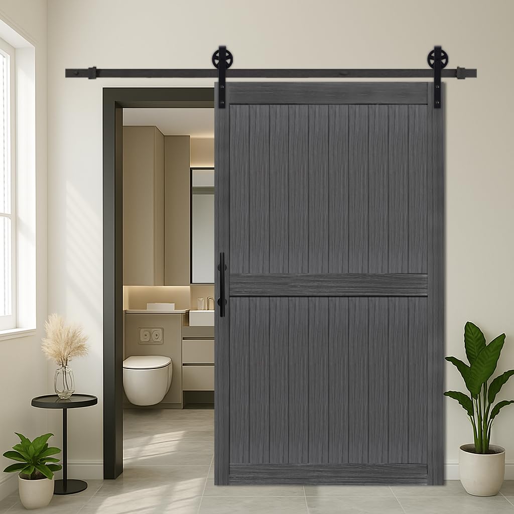 S&Z TOPHAND® 50in x 84in MDF Deep Gray Barn Door with 10FT Sliding Door Hardware Kit, 24-60in Solid Barn Door Slab Covered with Water-Proof PVC Surface, Simple Assembly is Required(Big Wheel)