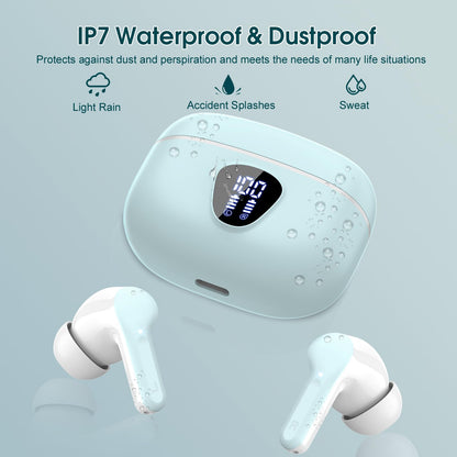 Wireless Earbuds, Bluetooth 5.4 Headphones HiFi Stereo, Bluetooth Earbuds with ENC Noise Cancelling Mic, IP7 Waterproof in Ear Earphones, 48H, LED Display Ear buds for Pad Workout Sports, Azure