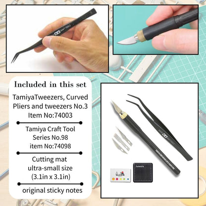 3-Piece Model Tool Set – Tamiya Modeler’s Knife PRO, Tamiya Curved Tweezers & Cutting Mat
