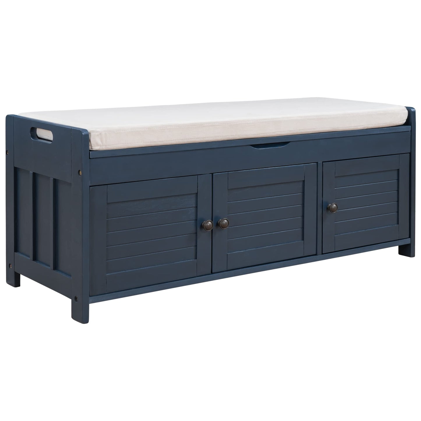 GDFStudio Jasd Storage Bench with 3 Shutter-Shaped Doors, Shoe Bench with Removable Cushion and Hidden Storage Space, Large Organizer Space, Wooden Foot Rest for Living Room Entryway, Antique Navy