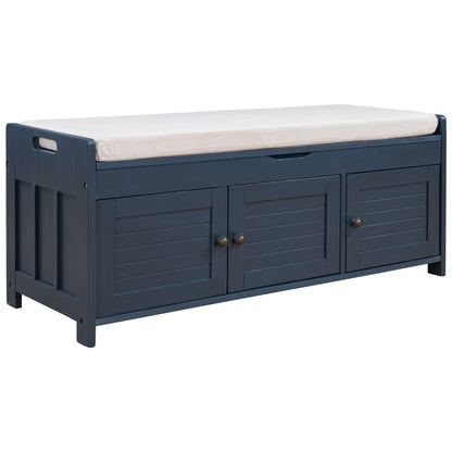 GDFStudio Jasd Storage Bench with 3 Shutter-Shaped Doors, Shoe Bench with Removable Cushion and Hidden Storage Space, Large Organizer Space, Wooden Foot Rest for Living Room Entryway, Antique Navy