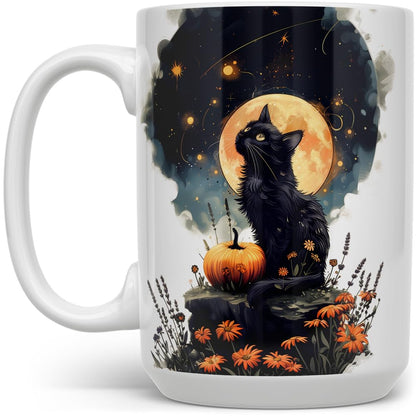 Mystical Black Cat Full Moon Coffee Mug, Witchy Halloween Cup, Spooky Autumn Season Aesthetic (15oz)