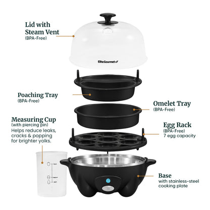 Elite Gourmet EGC-007B# Rapid Egg Cooker, 7 Easy-To-Peel, Hard, Medium, Soft Boiled Eggs, Poacher, Omelet Maker, Auto Shut-Off, Alarm, 16-Recipe Booklet, Black