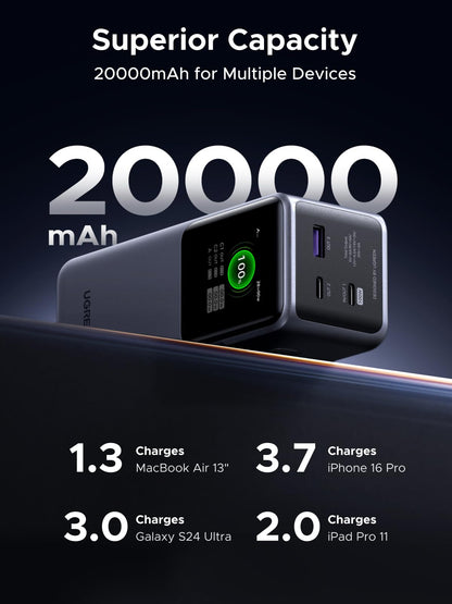 UGREEN Nexode Power Bank 20000mAh 130W Portable Charger 72Wh PD Fast Charging 3-Port USB C Battery Pack with TFT Smart Display for MacBook/iPad/iPhone 16/Samsung S24 and More