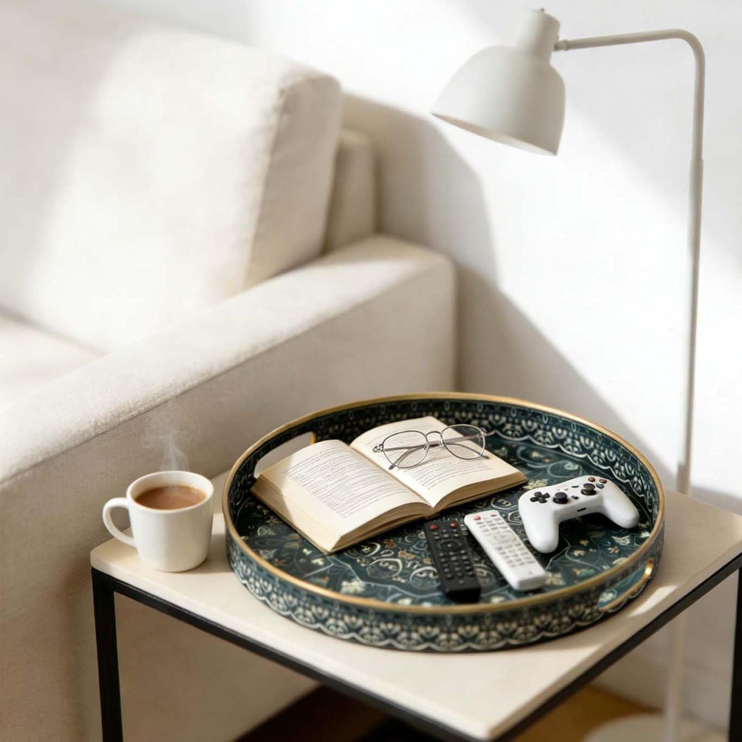 Round Serving Tray with Handles - Large Round Ottoman Tray Coffee Table Tray,Plastic Decorative Trays for Coffee