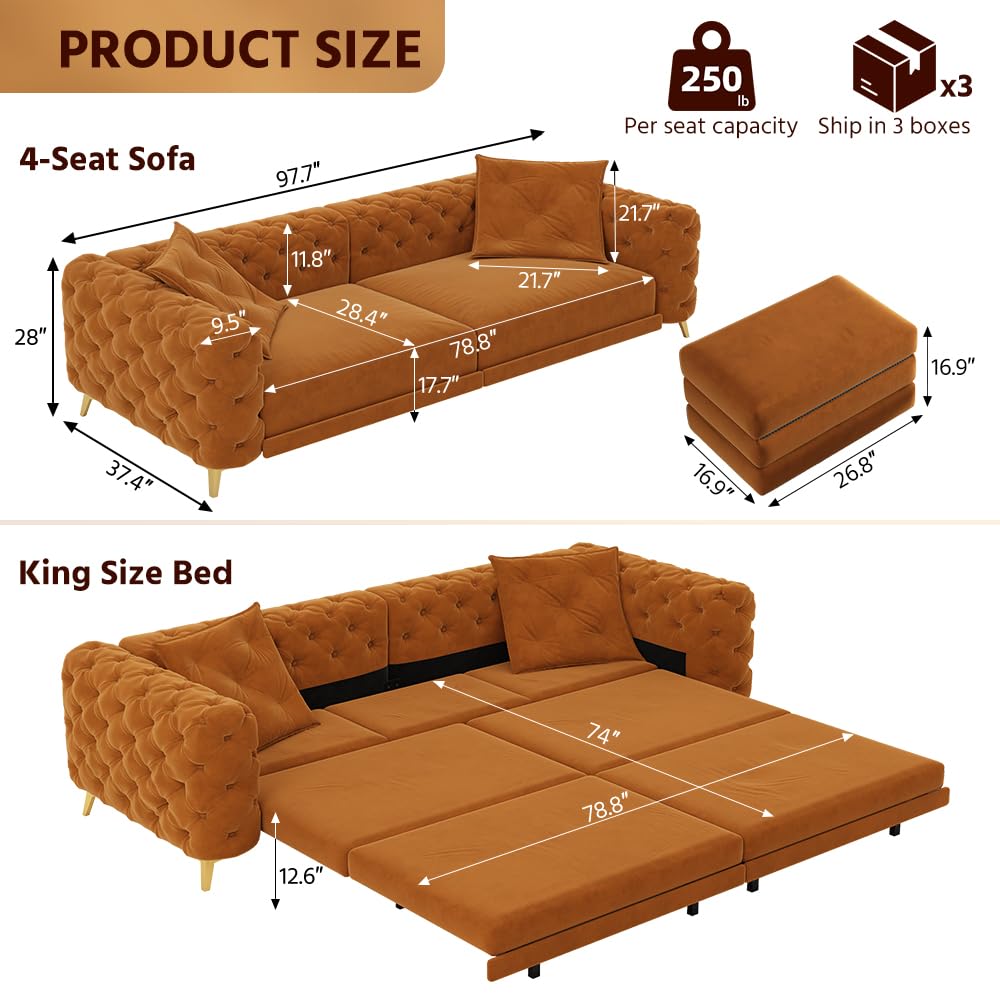 KEIKI 97.7" Convertible Sleeper Sofa Bed, 3 in 1 Pull Out Sofa Bed, 4-Seater Button Tufted Couch with Movable Ottoman for Living Room, Bedroom, Apartment, Orange