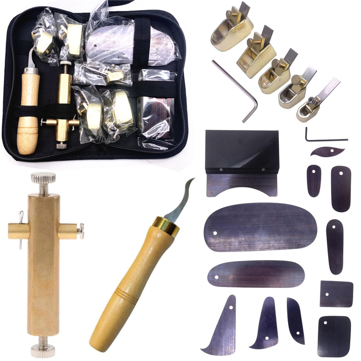 TUOREN 21 Pcs Violin Luthier Repair Tool Kit, 14 Pcs Violin Fingerboard Scraper Set and 5Pcs 8-16mm Violin Thumb Planer, 1Pcs Brass Purfling Inlaid Groove Carver and 1 Pcs Clean Up Groove Knife
