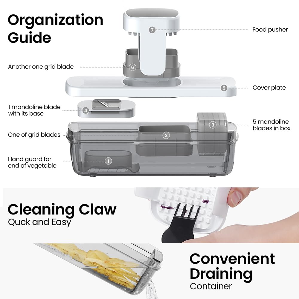 KEOUKE 8-in-1 Vertical Vegetable Chopper Mandoline Slicer with Container White - Safe Tap Out Dicer with Hand Guard for Kitchen Easy Food Prep, Onion Potato Veggie Fruit