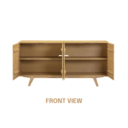 NTC Sapa Mid-Century Modern Solid Wood Sideboard – 4-Door Accent Buffet Cabinet with Carved Geometric Fronts, for Living Room, or Entryway, Effortless Assembly, Sand