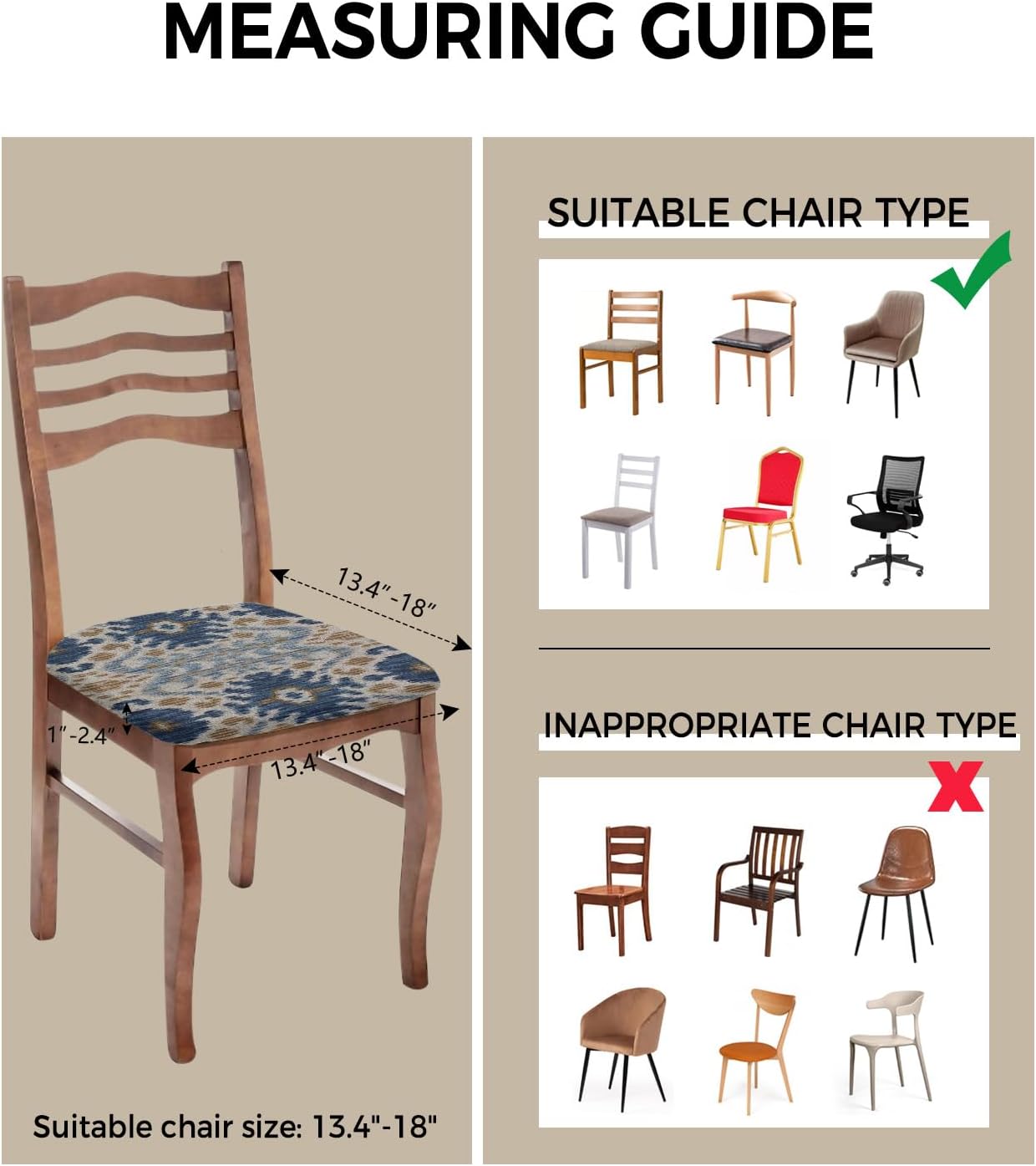 Boho Blue Brown Seat Covers for Dining Room Chairs, Stretch Cushion Protector for Kitchen Set of 2