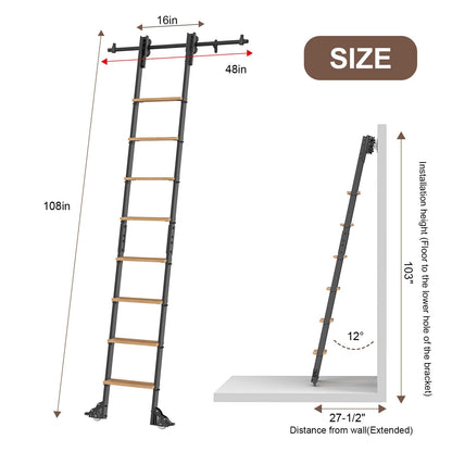 LKCBITION 108inch Carbon Steel Ladder with Oak Steps, Includes 4ft Telescoping Top Rollers & Bottom Brake Wheels Sliding Hardware, Rolling Library Ladder for Loft, Attic, Bookshelf