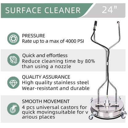 Stainless Steel Pressure Washer Surface Cleaner with 4 Wheels 1/4" Quick Connector 2 Extension Wand Attachments 4000PSI Ideal for Cleaning Driveways, Sidewalks, Decks