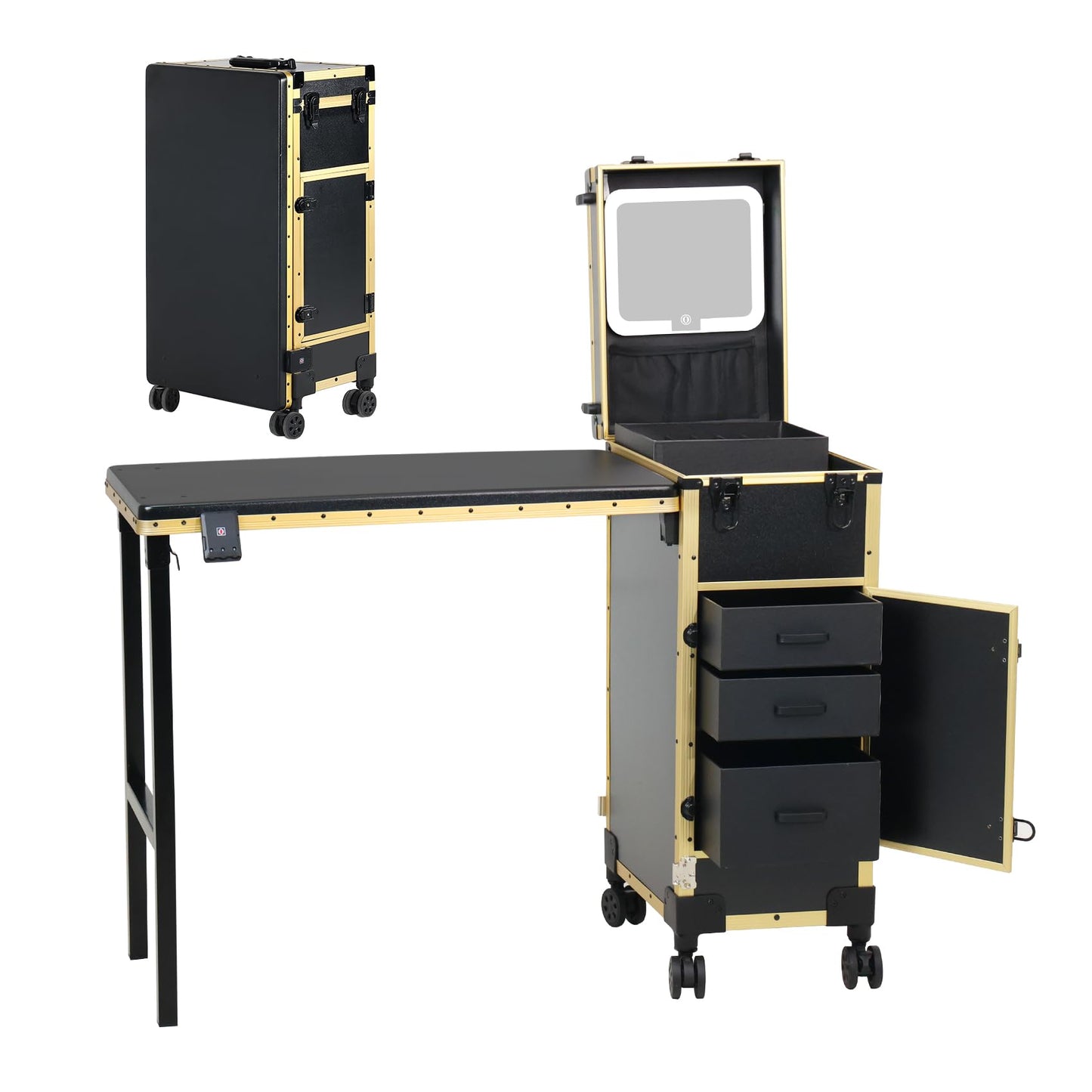 Rolling Portable Manicure Table with 3 Drawers, Lockable Makeup Train Case with Detachable Mirror, Foldable Nail Desk with Wheels & Handle, Mesa de Uñas Profesional para Nail Techs & Salon Use, Gloden