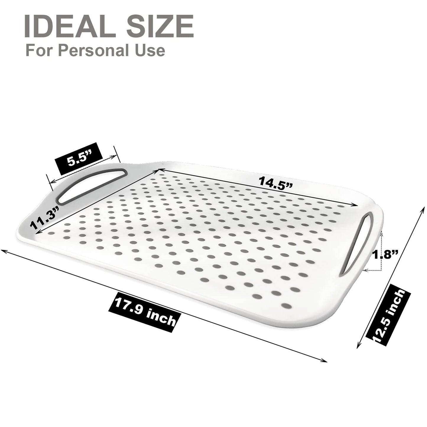 Large Non Slip Serving Tray with Handles, Silicone Gripping Nubs Lap Food Trays for Eating, Dishwasher Safe Serve for Dinner Snack Fruit Dessert Breakfast Beverage, Rectangular, Set of 2, White