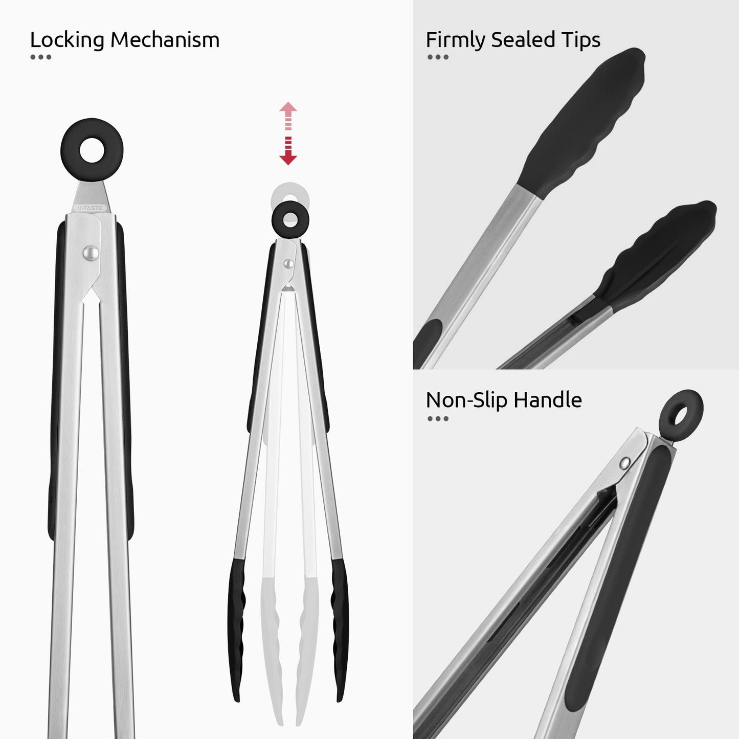 600ºF Heat Resistant Kitchen Tongs: U-Taste 9+12 inch Silicone Cooking Tong Set with Firm Sealed Non Stick Rubber Tips and Silicon Coated 18/8 Stainless Steel Handle for Serving Grilling Salad (Black)
