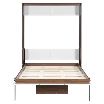Merax Full Size Murphy Bed with Foldable Desk,Space Saving Wall Bed,Solid Wood Foldable Hidden Platform Bedframe for Home,Bedroom,Office,Small Room,Apartment,Walnut+White