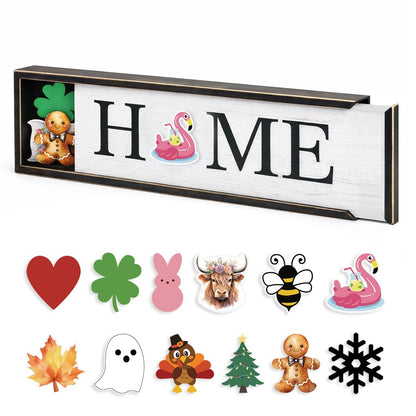 nuvagiki Interchangeable Seasonal Home Sign with 12 Icons, Farmhouse Wooden Table Decor, Rustic Tiered Tray Decorations for Holidays, Spring Summer Fall Christmas Home Decor