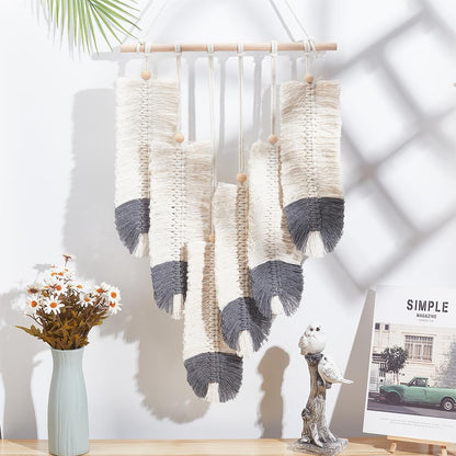 ORIGACH DIY Macrame Feather Wall Hanging Kit Boho White and Dark Gray Feather Tapestry Macrame Kit for Adults Beginner Handmade Rustic Macrame Feathers Leaf Wall Hanger Decor for Living Room Bedroom