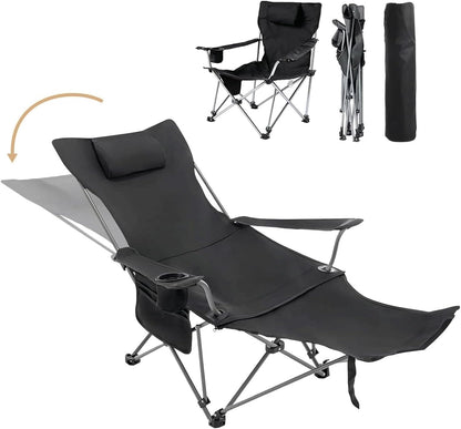 Reclining Camping Chair with Removable Footrest, Adjustable Camping Lounge Beach Chair with Padded Headrest, Cup Holder