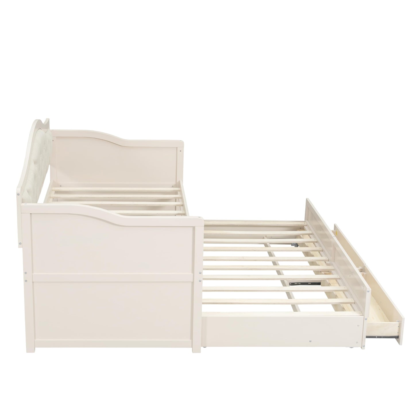 Ball & Cast Twin Size Daybed with Trundle,Wooden Bed w/ 2 Storage Drawers,Sofa Beds w/Upholstered Button Tufted Backrest,Slat Support,for Living Room, Bedroom, Guest Room,Beige