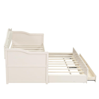 Ball & Cast Twin Size Daybed with Trundle,Wooden Bed w/ 2 Storage Drawers,Sofa Beds w/Upholstered Button Tufted Backrest,Slat Support,for Living Room, Bedroom, Guest Room,Beige