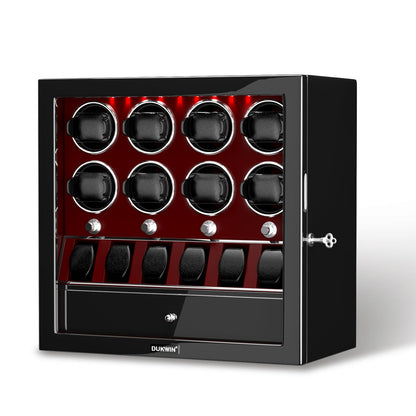 DUKWIN Watch Winder, Lockable Watch Winders for 8 Automatic Watches with Extra 6 Watch Storage, Jewelry Storage, 4 Rotation Modes, LED Light, Super Quiet Mabuchi Motor and Spring Watch Pillows, Red