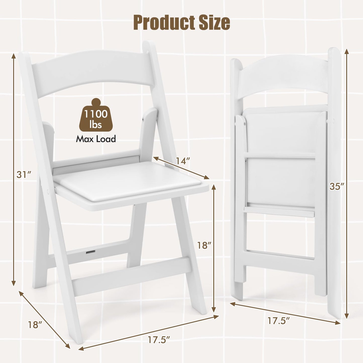 GOFLAME 20 Pack Folding Chairs, Foldable Dining Chair Set with Padded Seat, All-Weather Resin Frame, Indoor Outdoor Portable Commercial Seat for Home, Party, Wedding, 1100 Lbs Load Capacity, White
