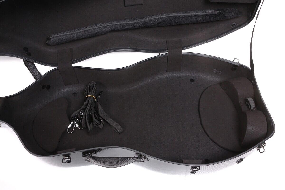 Hard Cello Case 4/4 Full Size Mixed Carbon Fiber Strong & Ultralight Cello Box with 2 Bow Holders & 2 Strong Handle & 2 Back Straps & Wheels Cello Bag (Black Braided Carbon Fiber)