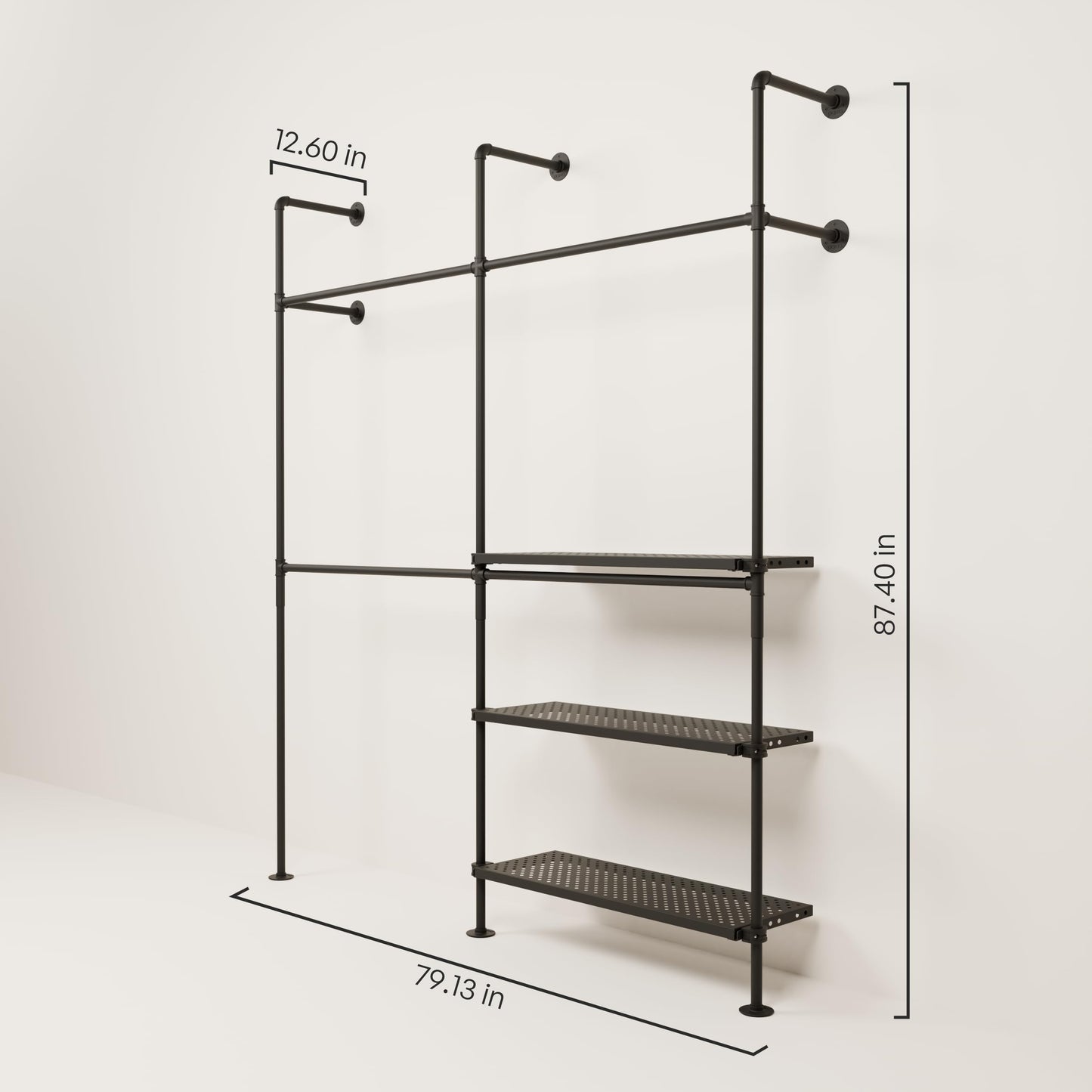 pamo Industrial Pipe Clothing Rack with Shelf - 790 lbs Capacity - Wall Mounted Clothes Rack and Walk In Closet with Metal Shelf for Wardrobe