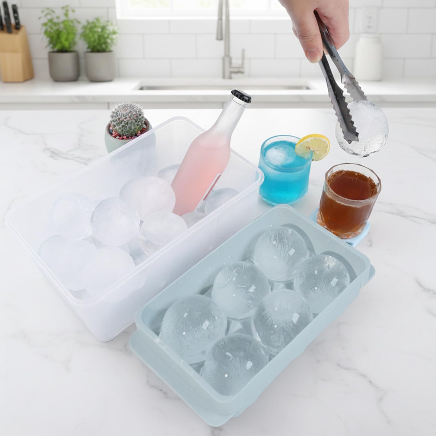 Large Ice Ball Maker Mold, 2.5" Round Ice Cube Mold for Whiskey Bourbon Cocktail, 8 Balls, Sphere Ice Mold, Big Ice Cube Tray with Container and Tongs, Easy to Fill & Release