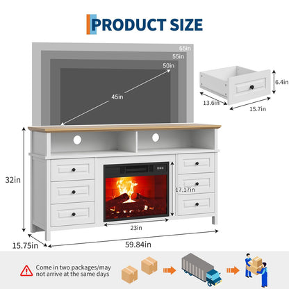 JoanKaren TV Stand with Electric Fireplace, 60" Entertainment Center for 65 Inch TV, LED Light Smart RGB, Modern Farmhouse Console, 6 Drawers Storage，Fit Into 23''Electric Fireplaces(White)
